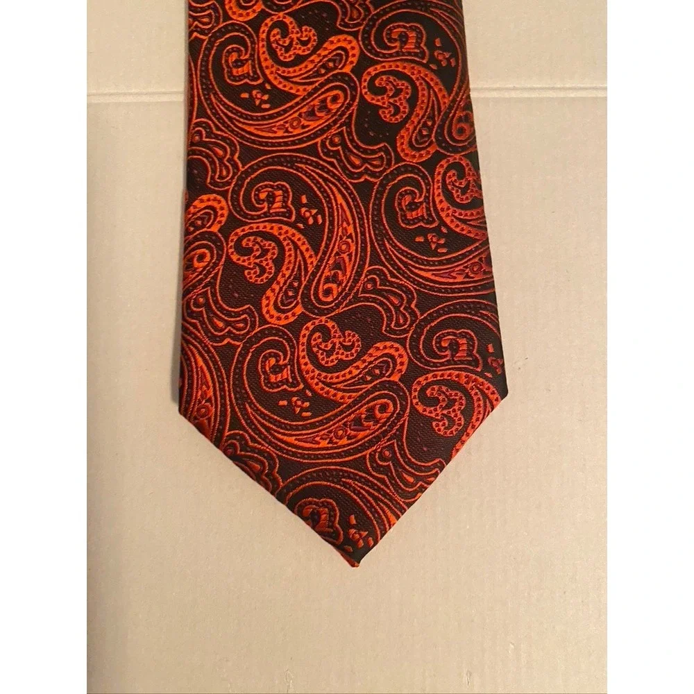 DiBanGu Mens Silk Necktie Orange Black Paisley Woven Hand Tailored Italian Style